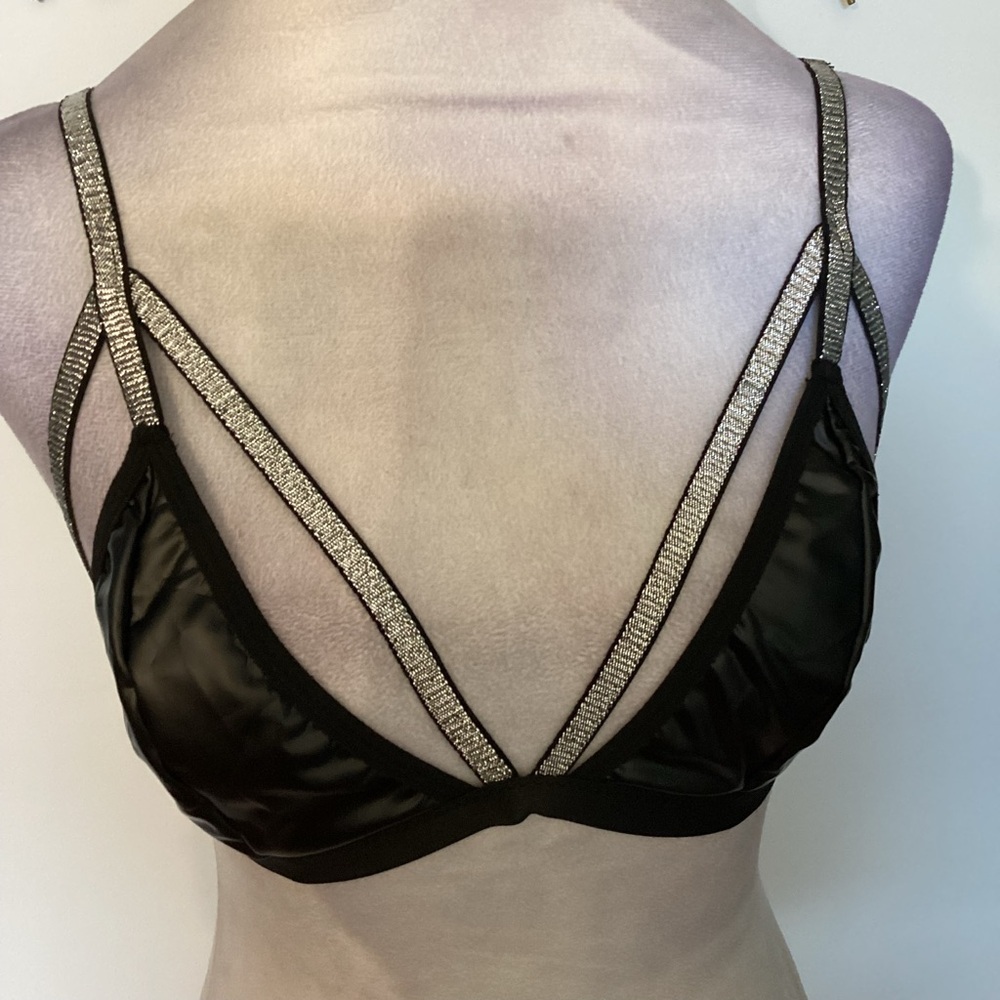 Black Satin Bralette with Metallic Straps